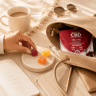 Lifestyle editorial image of Innovative CBD cherry THC + CBD trial size gumdrops beside a coffee cup, journal, and travel bag with sugar-coated gumdrops in a warm luxury wellness setting.