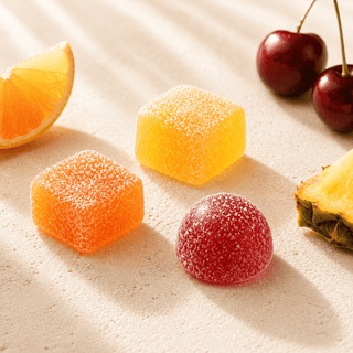 Close-up editorial image of Innovative CBD trial size gumdrops featuring cherry, pineapple, and tangerine varieties with sugar-coated texture, soft natural lighting, and fresh fruit accents on a warm stone surface.