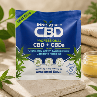 Innovative CBD Professional CBD + CBDa Unscented Salve trial size packet with hemp leaf accents and clean fragrance-free botanical wellness presentation.
