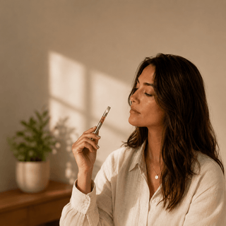 Woman holding an Innovative CBD whole-plant vape cartridge with terpene-rich hemp oil in a warm minimalist wellness setting with soft natural lighting.