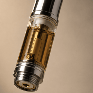 Macro close-up of an Innovative CBD whole-plant vape cartridge featuring terpene-rich raw hemp oil, precision metal threading, and premium glass chamber details in a luxury minimalist studio setting.