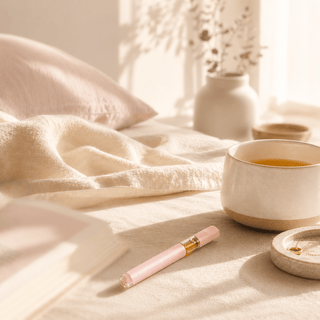 Luxury lifestyle image of a soft blush pink full spectrum CBD vape pen resting on cream linen bedding beside warm tea in natural sunrise light with calm wellness editorial styling.