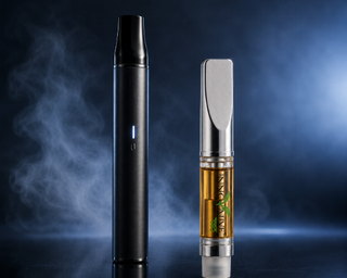 Premium full spectrum CBD vape pen and terpene-rich vape cartridge by Innovative CBD on a dark editorial background with soft atmospheric lighting.