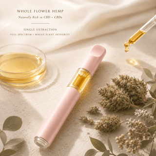 Editorial ingredient story image featuring a blush pink full spectrum CBD vape pen with golden hemp extract, premium whole flower hemp, and soft botanical styling representing CBD and CBDa preservation through single extraction.