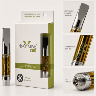 Innovative CBD whole-plant vape cartridge with terpene-rich raw hemp oil and CO2 extracted cannabinoid profile packaging displayed in a premium minimalist studio layout.