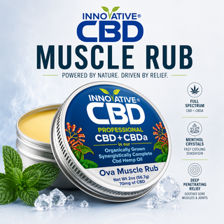 Innovative CBD Ova Muscle Rub tin with full spectrum CBD + CBDa, menthol crystals, mint leaves, and cooling relief design.