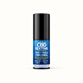 Innovative CBD Sextiva 3 to 1 CBD THC intimate enhancement oil on white background