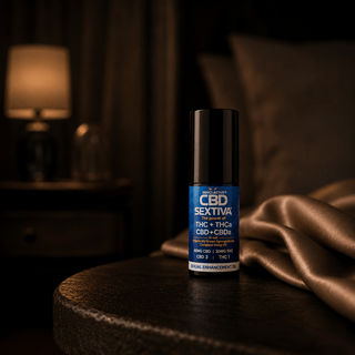 Innovative CBD Sextiva 3 to 1 CBD THC intimate enhancement spray in luxury bedside editorial setting with warm ambient lighting