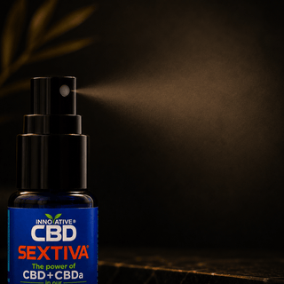 Innovative CBD Sextiva fine mist atomizer spray with warm cinematic lighting and luxury editorial wellness styling