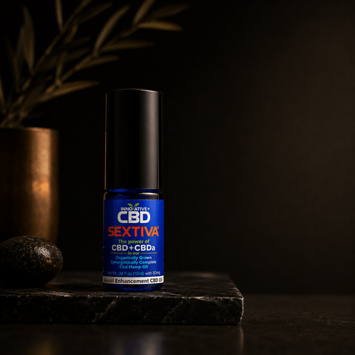 Innovative CBD Sextiva full spectrum CBD oil luxury editorial product image with warm cinematic lighting and dark apothecary styling