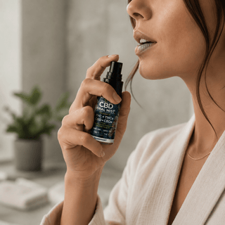 Woman using premium THC and CBD oral mist spray in a modern luxury wellness setting