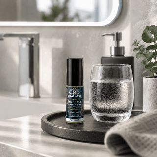 Premium THC and CBD oral mist spray styled in a modern luxury bathroom refresh ritual setting