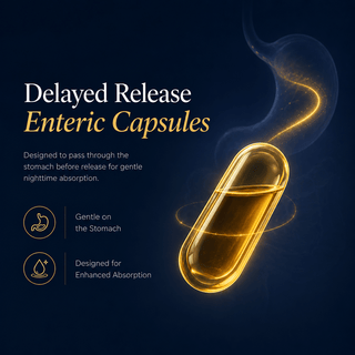 Luxury illustration of delayed release enteric CBD sleep capsule designed for gentle nighttime absorption with premium gold capsule and subtle digestive system background