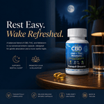 Innovative CBD Tranquil Dreams CBD THC melatonin enteric sleep capsules with golden softgel capsules on luxury nighttime bedside table scene designed for restful sleep and relaxation