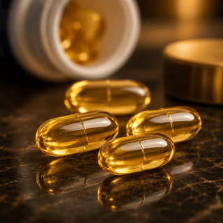 Ultra close-up luxury macro photography of golden enteric CBD sleep capsules with warm reflective lighting and premium supplement formulation aesthetic