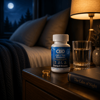 Innovative CBD Tranquil Dreams sleep capsules on luxury bedside table with golden softgel capsule warm lamp lighting and calming nighttime bedroom atmosphere